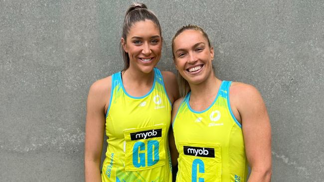 Australian Fast5 captain Matilda Garrett (left) and vice-captain Hannah Petty in New Zealand ahead of the world series in Christchurch. Photo: Netball Australia