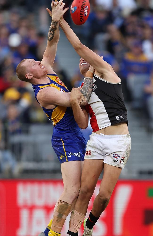 Bailey J. Williams of the Eagles and Rowan Marshall clash. (Photo by Paul Kane/Getty Images)