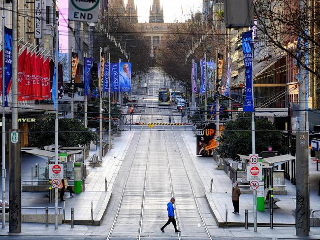 Melbourne’s empty streets in lockdown. Picture: Luis Ascui