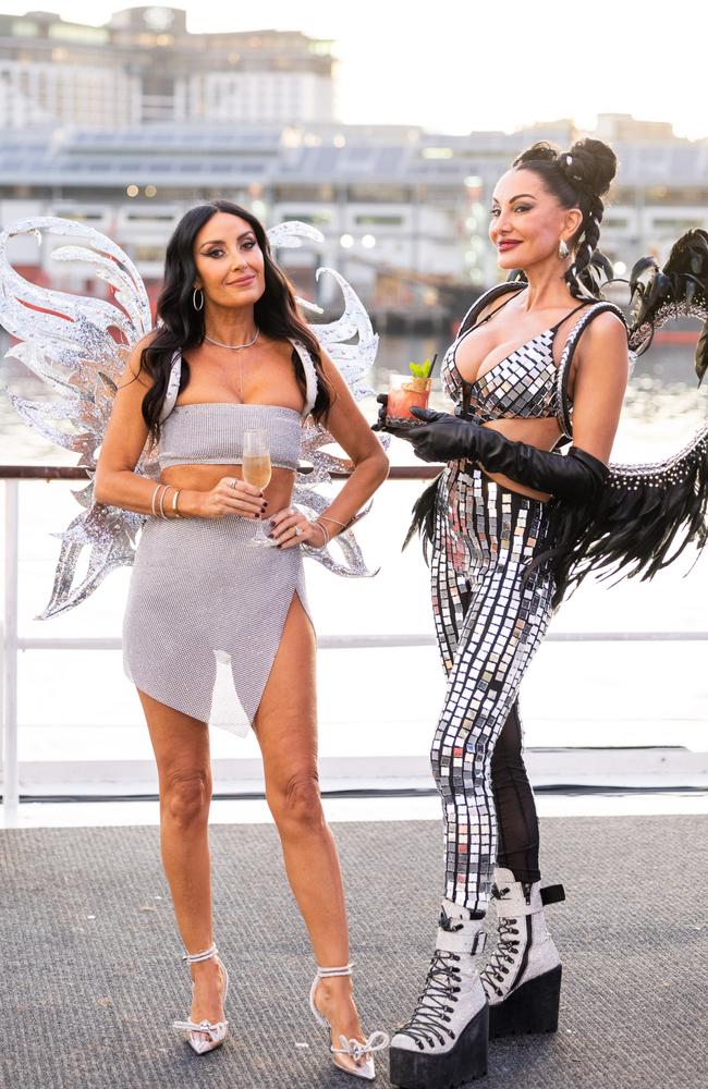 Terry Biviano and Caroline Gaultier of the Real Housewives of Sydney celebrate Kate Adam's 40th birthday with a festival-themed boat party. Picture: Binge