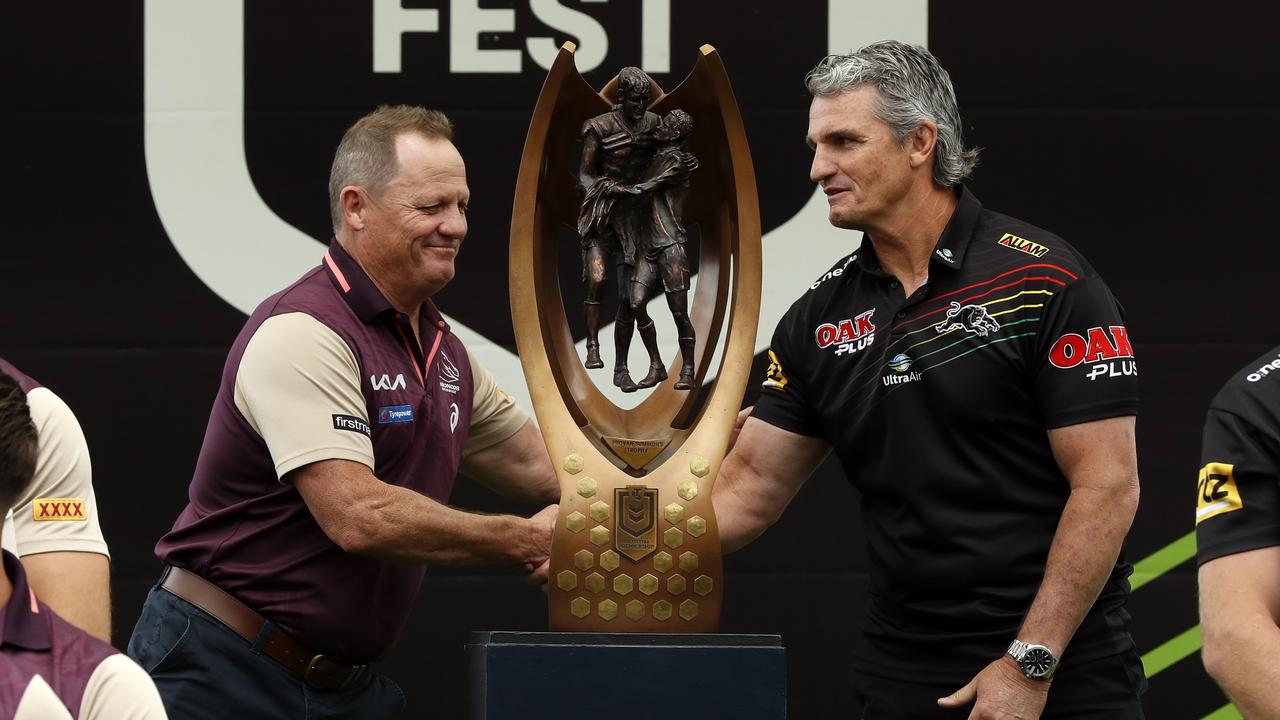 DAILY TELEGRAPH SEPTEMBER 28, 2023. Coaches Kevin Walters and Ivan Cleary take to the stage as the Penrith Panthers and Brisbane Broncos arrive at the NRL Grand Final fan day at the Overseas Passenger Terminal in Circular Quay. Picture: Jonathan Ng