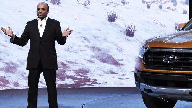 Nair introduces the new Ford Ranger at the North American International Auto Show in Detroit, Michigan. Pic: AFP.