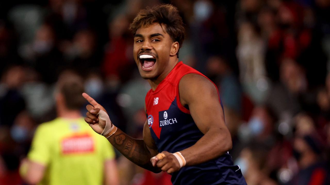 ADELAIDE, AUSTRALIA - AUGUST 28: Kysaiah Pickett of the Demons celebrates a goal during the 2021 AFL First Qualifying Final match between the Melbourne Demons and the Brisbane Lions at Adelaide Oval on August 28, 2021 in Adelaide, Australia. (Photo by James Elsby/AFL Photos via Getty Images)