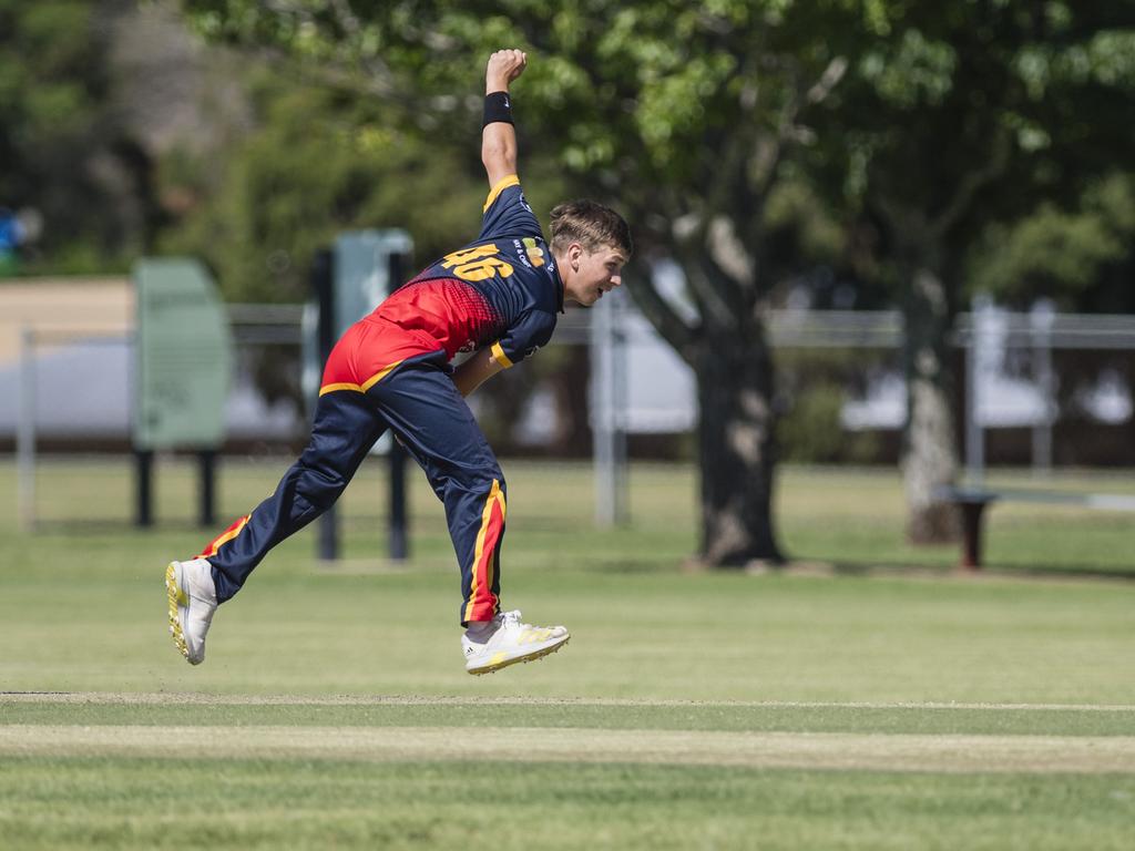 Dylan Fedrick bowls for Metropolitan-Easts against Souths Magpies in Toowoomba Cricket A Grade One Day grand final at Captain Cook Reserve, Sunday, December 10, 2023. Picture: Kevin Farmer