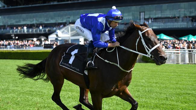 Jockey Hugh Bowman rides Winx for an exhibition gallop during The Championships Race Day at the Royal Randwick Racecourse in Sydney, Saturday, April 6, 2019. (AAP Image/Joel Carrett) NO ARCHIVING, EDITORIAL USE ONLY