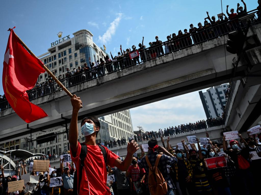 Demonstrators gather in downtown in Yangon on February 8, on the third day of protests in opposition to the military coup. Picture: Ye Aung Thu / AFP