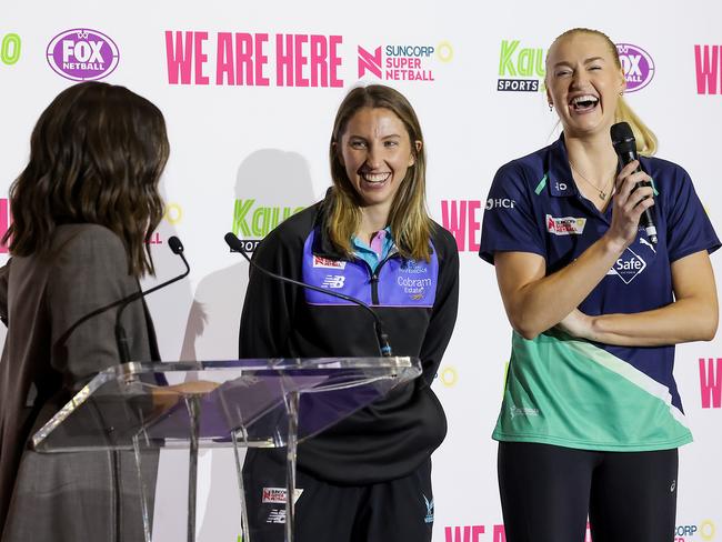 Mavericks captain Amy Parmenter (C) and Vixens champion Jo Weston (R) at the Melbourne launch of the Fox Netball season. Picture: Ian Currie