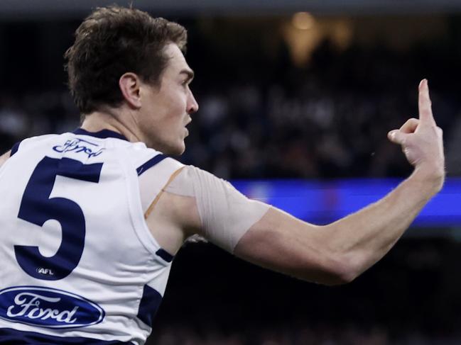 MELBOURNE, AUSTRALIA - AUGUST 11: Jeremy Cameron of the Cats celebrates a goal the round 22 AFL match between Collingwood Magpies and Geelong Cats at Melbourne Cricket Ground, on August 11, 2023, in Melbourne, Australia. (Photo by Darrian Traynor/Getty Images)