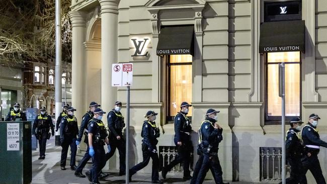 Victoria Police officers patrol Melbourne CBD. Picture: David Geraghty