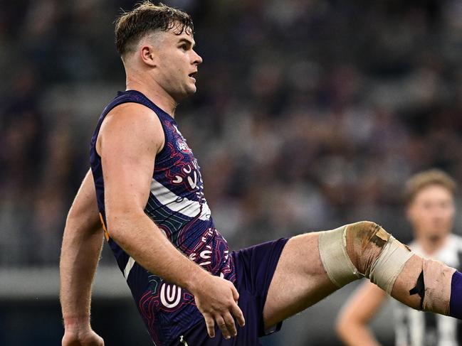 PERTH, AUSTRALIA - MAY 24: Sean Darcy of the Dockers kicks a goal during the 2024 AFL Round 11 match between Walyalup (Fremantle) and the Collingwood Magpies at Optus Stadium on May 24, 2024 in Perth, Australia. (Photo by Daniel Carson/AFL Photos via Getty Images)