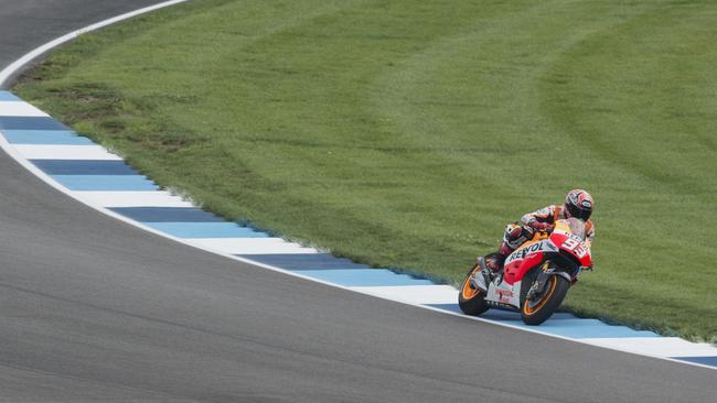 Marc Marquez hits the rumble strips in MotoGP practice.