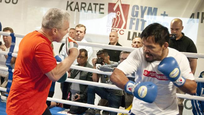 Manny Pacquiao with trainer Freddie Roach during a training session at Suncorp PCYC in Brisbane.