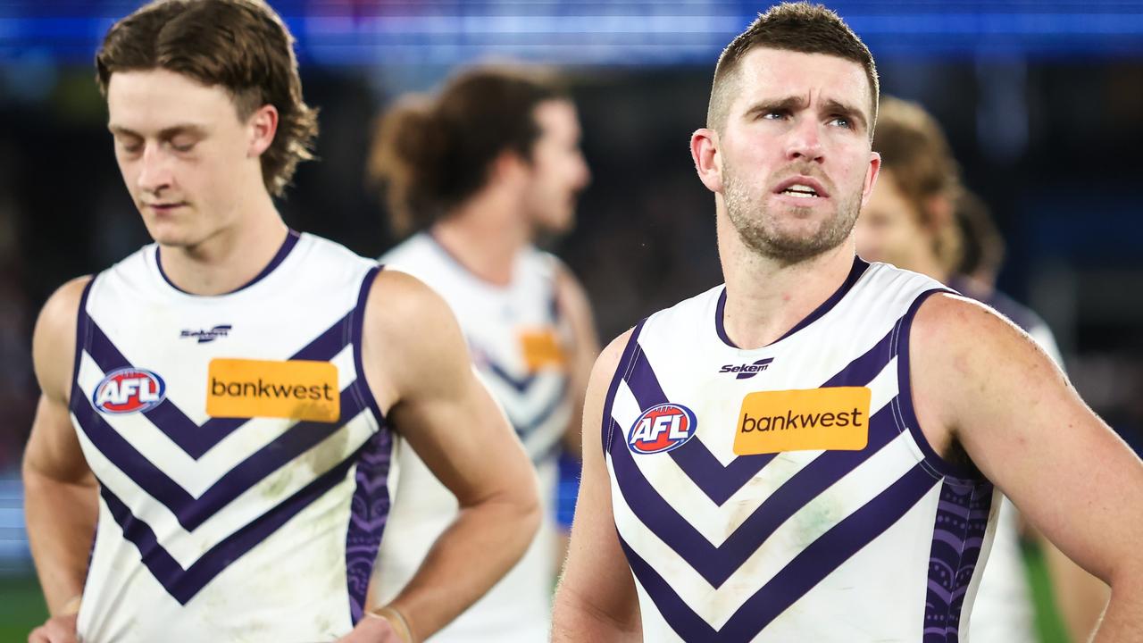 MELBOURNE, AUSTRALIA - JULY 01: Luke Ryan of the Dockers looks dejected after a loss during the 2023 AFL Round 16 match between the Western Bulldogs and the Fremantle Dockers at Marvel Stadium on July 1, 2023 in Melbourne, Australia. (Photo by Dylan Burns/AFL Photos via Getty Images)