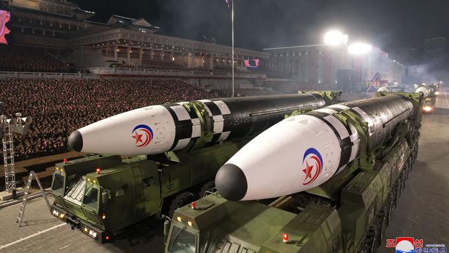 Intercontinental ballistic missiles at a military parade celebrating the 75th anniversary of the founding of the Korean People's Army in Kim Il Sung Square in Pyongyang. Picture: AFP