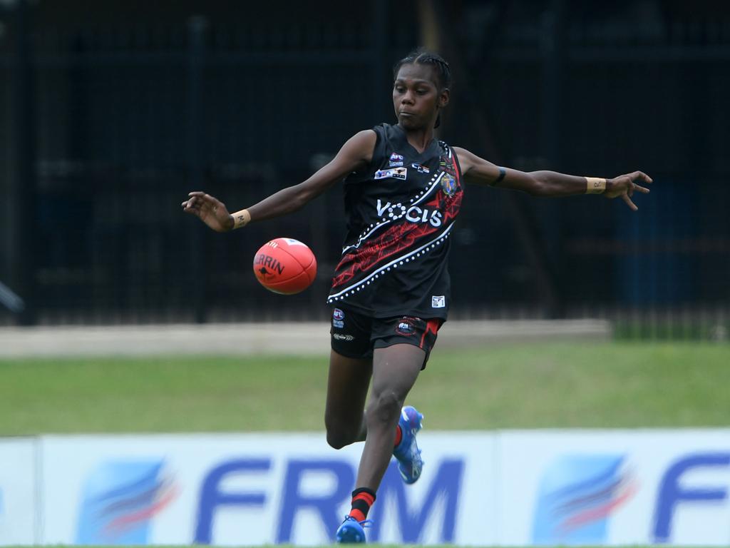 Tiwi Bombers Maria Rioli plays against Palmerston Magpies in round one of the NTFL 22/23 season. Picture: (A)manda Parkinson