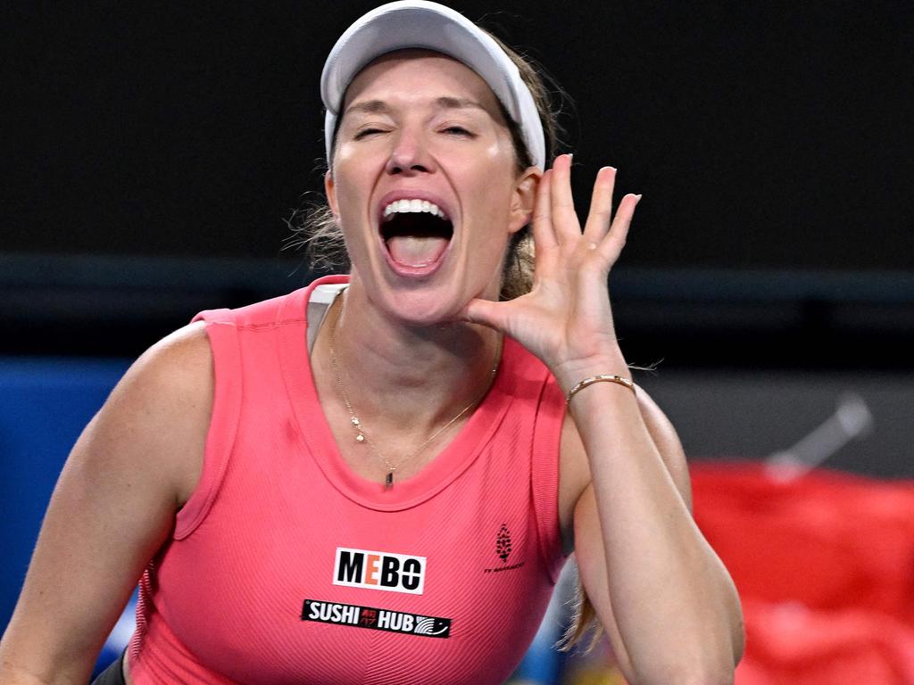 Danielle Collins taunts fans after her victory. Picture: WILLIAM WEST / AFP