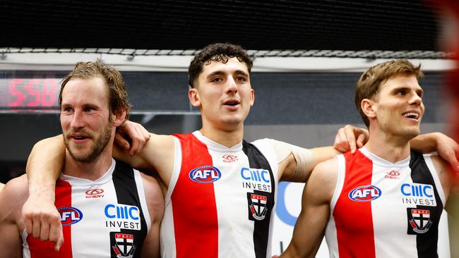 St Kilda defender Jimmy Webster (left) is set to sign a deal to continue in 2025 while Mason Wood (right) is among senior players still out of contract. Picture: Dylan Burns / Getty Images