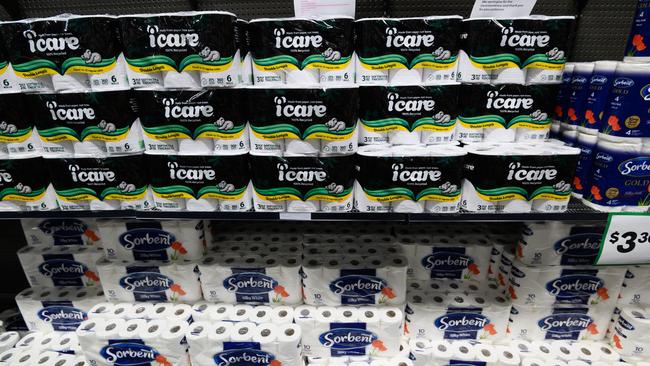 A toilet paper aisle in a Woolworths Supermarket in Marrickville, Sydney. Picture AAP.