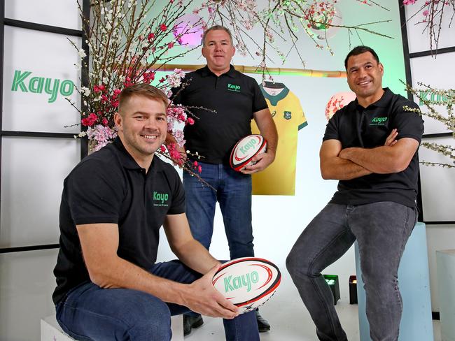 Kayo Rugby launch at Sun Studios in Alexandria. Former Wallabies L-R Drew Mitchell, Owen Finegan and George Smith getting on board the Wallabies ahead of the World Cup in Japan. Picture: Toby Zerna