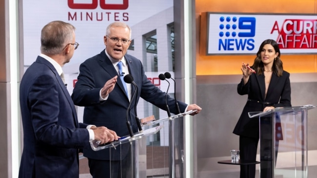 But the forum has been labelled a "joke" by viewers and criticised by a talkback radio host as "messy" after the leaders repeatedly spoke over the top of each other and ignored moderator Sarah Abo. Picture: Alex Ellinghausen - Pool/Getty Images