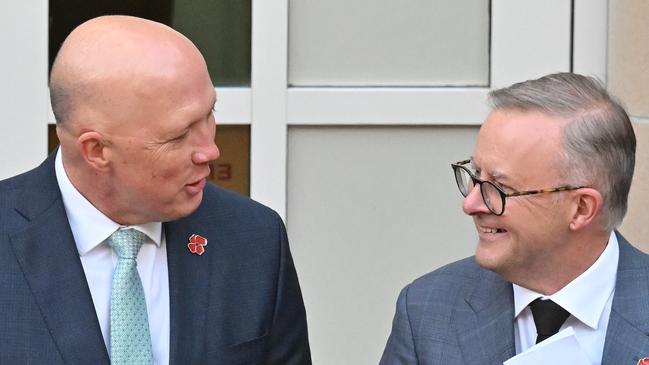 Leader of the Opposition Peter Dutton and Prime Minister Anthony Albanese attend the Last Post Ceremony at the Australian War Memorial in Canberra, Monday, July 25, 2022. (AAP Image/Mick Tsikas) NO ARCHIVING