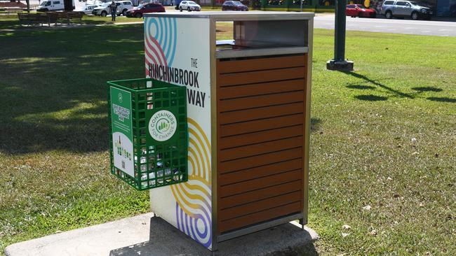 A new container exchange (COEX) pay-it-forward stations in the form of a basket next to existing general rubbish bins have already replaced the recycling bins in locations such as Rotary Park in the Ingham CBD. The PIF stations come in three varieties and have been rolled out around the Hinchinbrook Shire. Picture: Cameron Bates