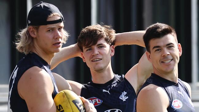 MELBOURNE, AUSTRALIA - September 14, 2023. AFL.    Tom De Koning , Paddy Dow, Matthew Kennedy, and Sam Walsh of the Blues  during Carlton training session at Ikon Park, Carlton   Photo by Michael Klein.