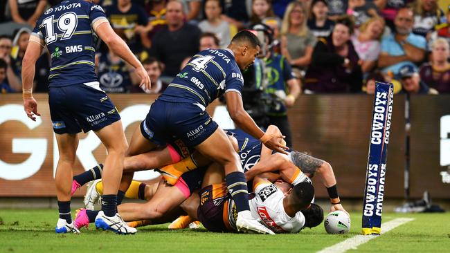 Kyle Feldt scored a remarkable ‘no-look’ try against the Broncos. Picture: Alix Sweeney