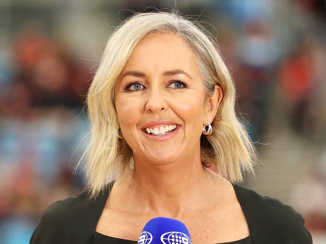 SYDNEY, AUSTRALIA - MAY 16:  Commentator and former player Liz Ellis speaks on Channel Nine before the round three Super Netball match between Sydney Swifts and Melbourne Vixens at Ken Rosewall Arena, on May 16, 2021, in Sydney, Australia. (Photo by Mark Kolbe/Getty Images)