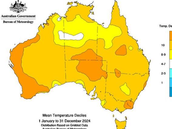 Mean temperature deciles for 2024. Picture: Bureau of Meteorology