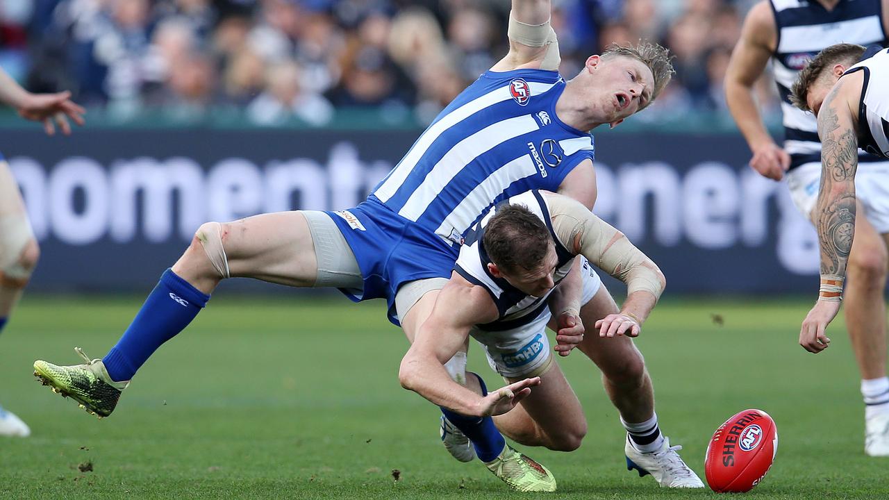 North Melbourne's Jack Ziebell, with taped knees due to a collision with GMHBA Stadium signage, during Round 12’s loss to Geelong. Photo: Michael Klein