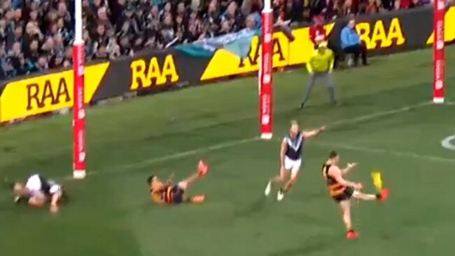 Crow Josh Jenkins kicks his controversial goal in Showdown 45. Picture: Twitter.