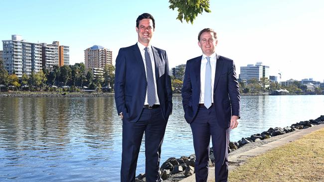 Cushman &amp; Wakefield’s Andrew Gard and Nick Spiro on the Brisbane River across the road from the West End site which Crown Group bought for $35 million.