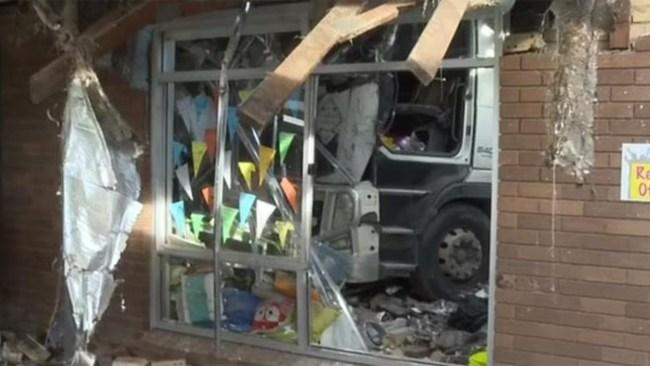 The truck crashed in the St Josephs classroom bringing down the ceiling. Photo: 7 News