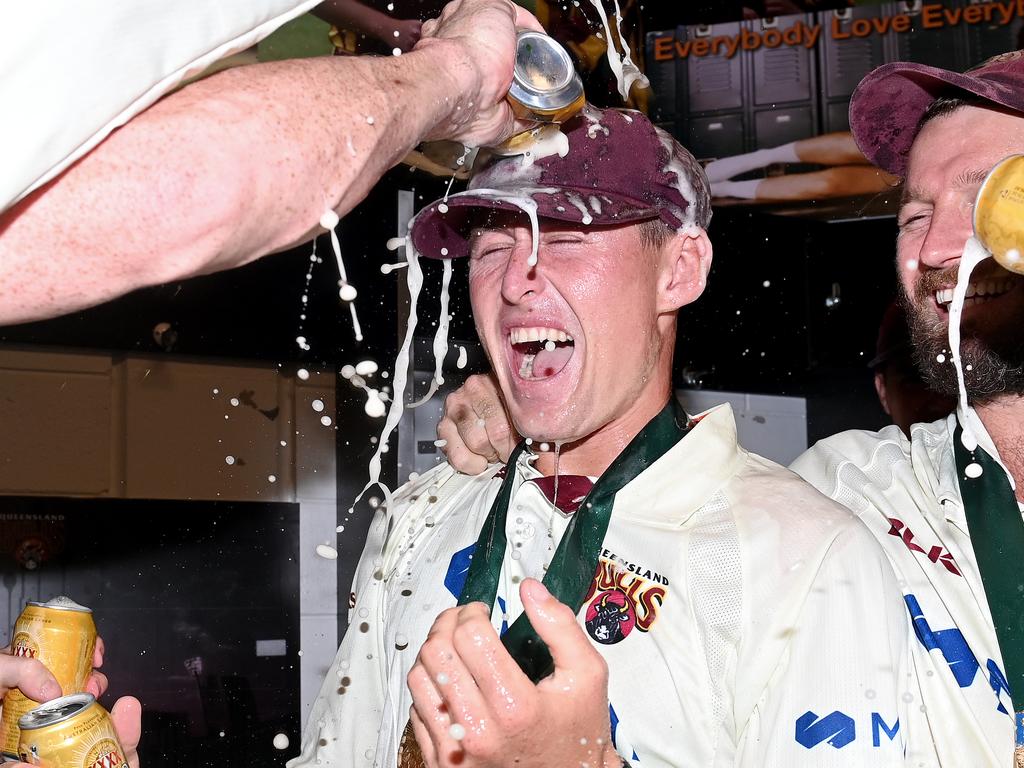 Marnus Labuschagne celebrates with a XXXX shower. Picture: Bradley Kanaris/Getty