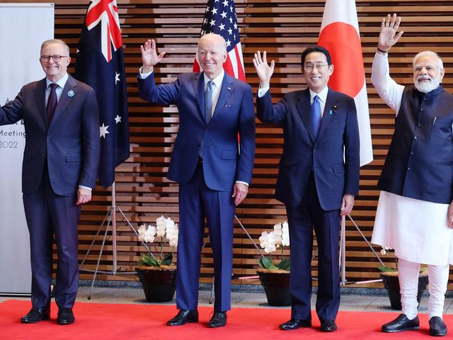 (L-R) Australian Prime Minister Anthony Albanese, U.S. President Joe Biden, Japanese Prime Minister Fumio Kishida and Indian Prime Minister Narendra Modi pose for photo before QUAD leaders meeting at the prime ministerâs office in Tokyo on May 24, 2022. QUAD, Quadrilateral Security Dialogue, is a strategic security dialogue between Australia, India, Japan, and the United States that is maintained by talks between member countries.  ( The Yomiuri Shimbun ) (Photo by Masanori Genko / Yomiuri / The Yomiuri Shimbun via AFP)
