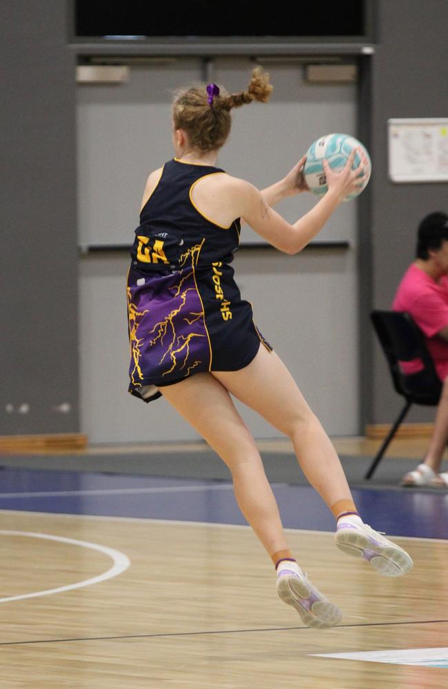 Netball action at QISSN 2024 held in Townsville. St Joseph's GA Jada Guok