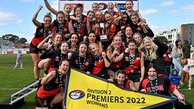 Eltham players celebrate their NFL Division 2 premiership. Picture: Andy Brownbill