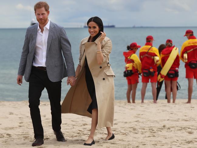 She appeared relaxed as she met volunteers from BeachPatrol with Prince Harry at South Melbourne. Picture: Alex Coppel