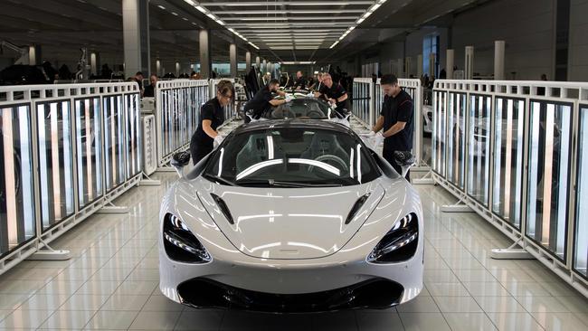 A McLaren 720S is seen on a production line. Picture: AFP