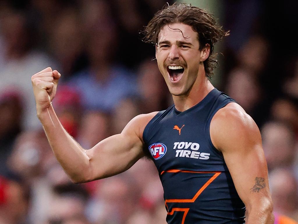 SYDNEY, AUSTRALIA - SEPTEMBER 07: James Peatling of the Giants celebrates a goal during the 2024 AFL First Qualifying Final match between the Sydney Swans and the GWS GIANTS at The Sydney Cricket Ground on September 07, 2024 in Sydney, Australia. (Photo by Dylan Burns/AFL Photos via Getty Images)