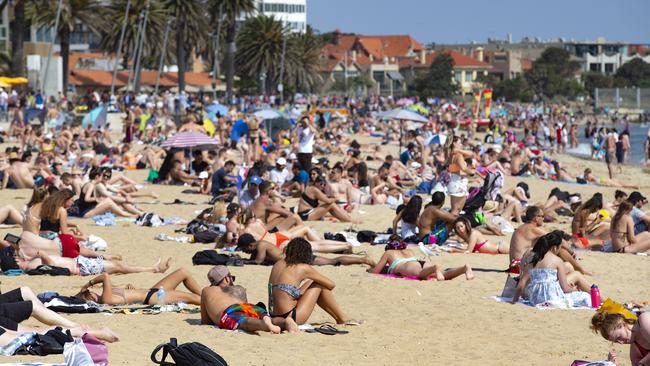 St Kilda Beach is among several beaches around the state to be closed due to haze. Picture: Sarah Matray