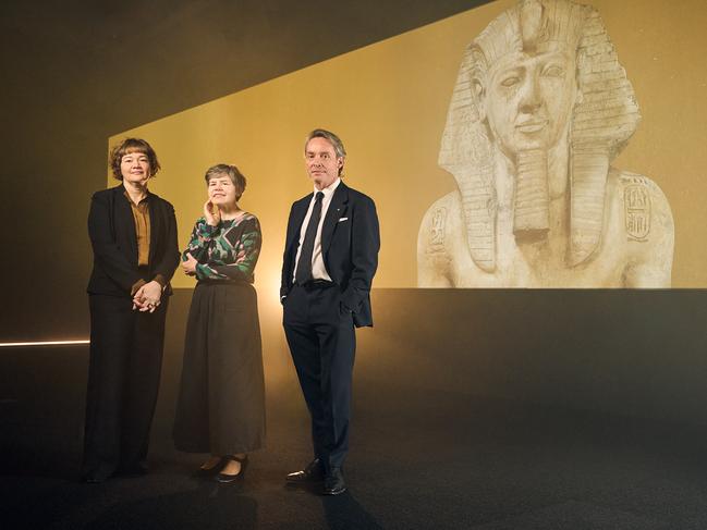 Tony Ellwood AM, Director, NGV, Amanda Dunsmore and Dr Miranda Wallace, NGV Senior Curators, at the announcement of the 2024 Melbourne Winter Masterpieces exhibition Pharaoh on display from 14 June – 6 October 2024 at NGV International, Melbourne. Photo: Eugene Hyland.