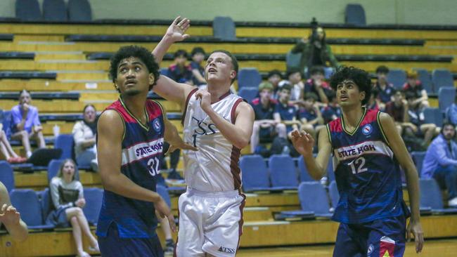 Raj Gill (right). GPS basketball The Southport School v Brisbane State High School at TSS. Picture: Glenn Campbell