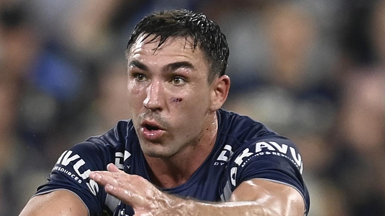 TOWNSVILLE, AUSTRALIA - MAY 04: Reece Robson of the Cowboys passes the ball during the round nine NRL match between North Queensland Cowboys and Dolphins at Qld Country Bank Stadium, on May 04, 2024, in Townsville, Australia. (Photo by Ian Hitchcock/Getty Images)