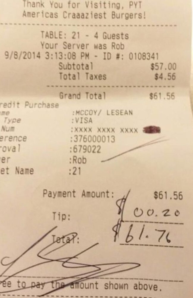 LeSean McCoy’s receipt at a restaurant where he left a 20c tip.