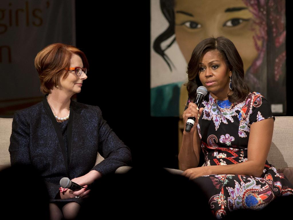 US First Lady Michelle Obama and former Australian prime minister Julia Gillard take part in a discussion during a visit as part of the US government’s ‘Let Girls Learn’ initiative at Mulberry School for Girls in east London on June 16, 2015. Picture: AFP