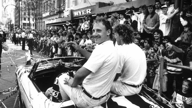 Geelong players Gary Ablett and Garry Hocking during the 1989 parade.