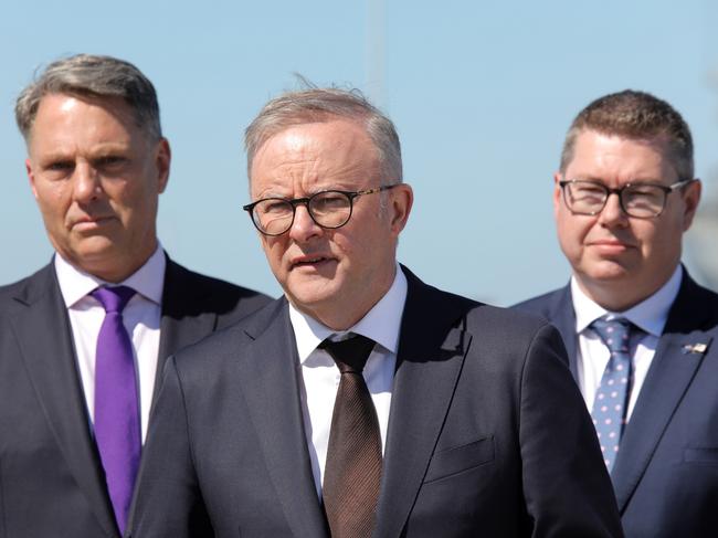 ROCKINGHAM, AUSTRALIA - NewsWire Photos September 2nd  2024: The Prime Minister, Anthony Albanese, is in Perth today with the Deputy Prime Minister and Minister for Defence, Richard Marles, and the Minister for Defence Industry and Capability Delivery, Pat Conroy, at a media event at HMAS Stirling. Picture: NewsWire /Philip Gostelow