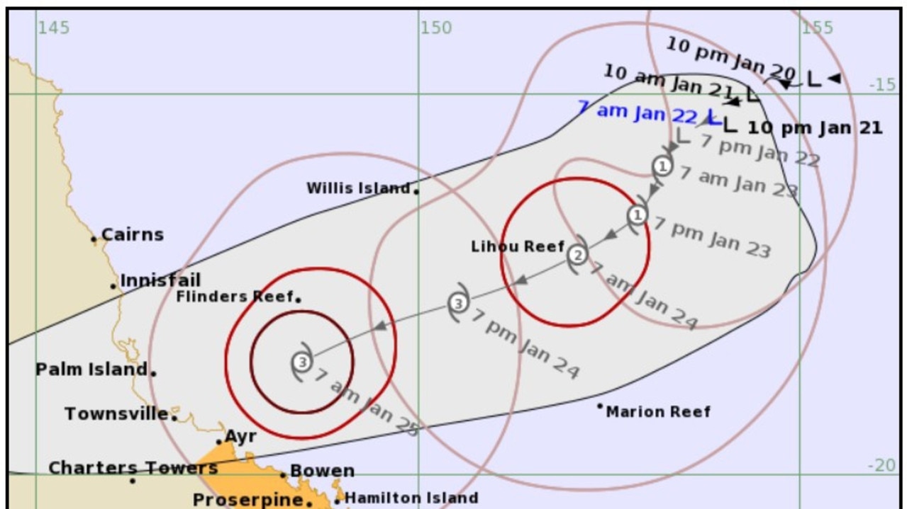 A track map showing the expected route of Cyclone Kirrily. Picture; Bureau of Meteorology